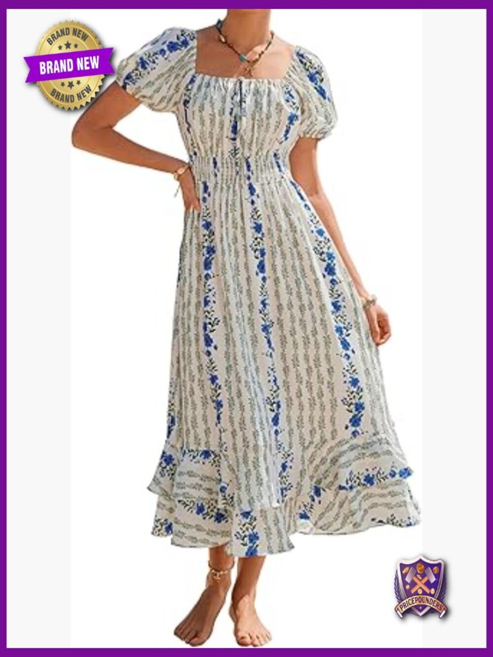 Maxi Dress Square Neck Puff Sleeve Smocked Flowy A Line Beach Wedding Guest